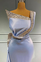 Light Blue One-Shoulder Sleeveless Mermaid Prom Dress with Beads and Ruffles BM bride