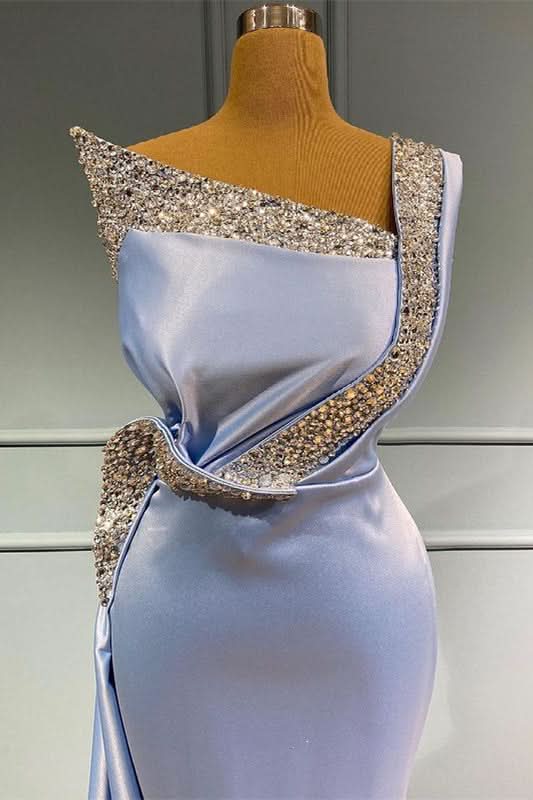 Light Blue One-Shoulder Sleeveless Mermaid Prom Dress with Beads and Ruffles BM bride