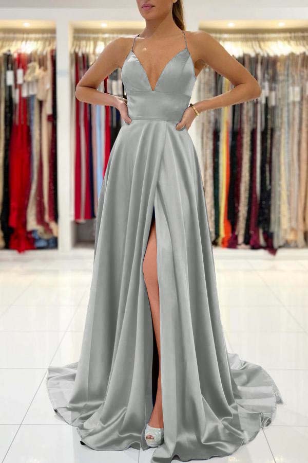 Stunning Royal Blue Modern Sleeveless V Neck Prom Dress With Front Split