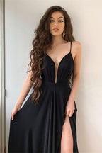 Black Spaghetti-Straps Long Prom Dress with Split BM bride