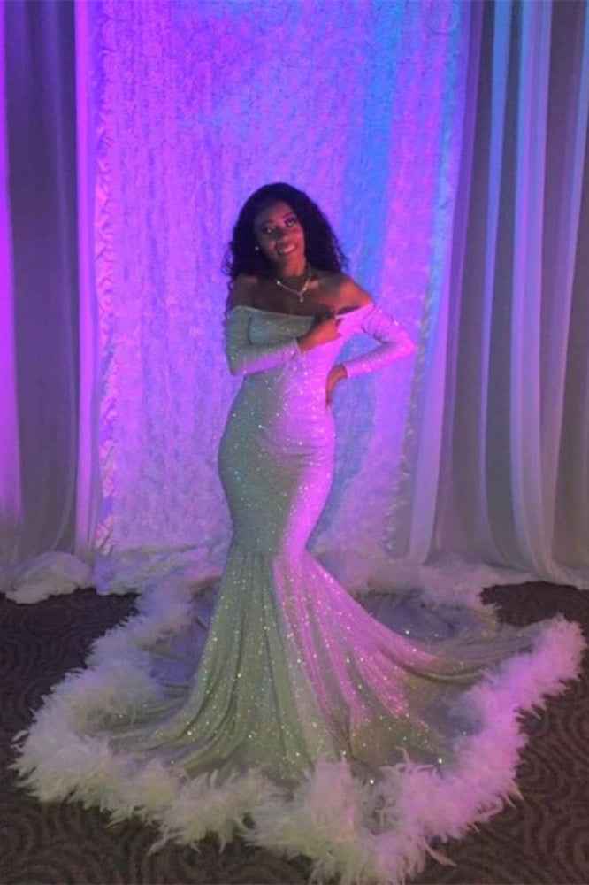 Off the Shoulder Sequins Long Sleeves Long Mermaid Prom Dress With Feather