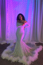 Off the Shoulder Sequins Long Sleeves Long Mermaid Prom Dress With Feather