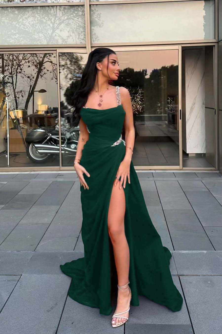 Spaghetti Strap Sleeveless Long Prom Dress With Split Beading BMBRIDE