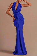 Charming Royal Blue Halter Sleeveless Mermaid Long Prom Dress With Pleated