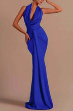 Charming Royal Blue Halter Sleeveless Mermaid Long Prom Dress With Pleated