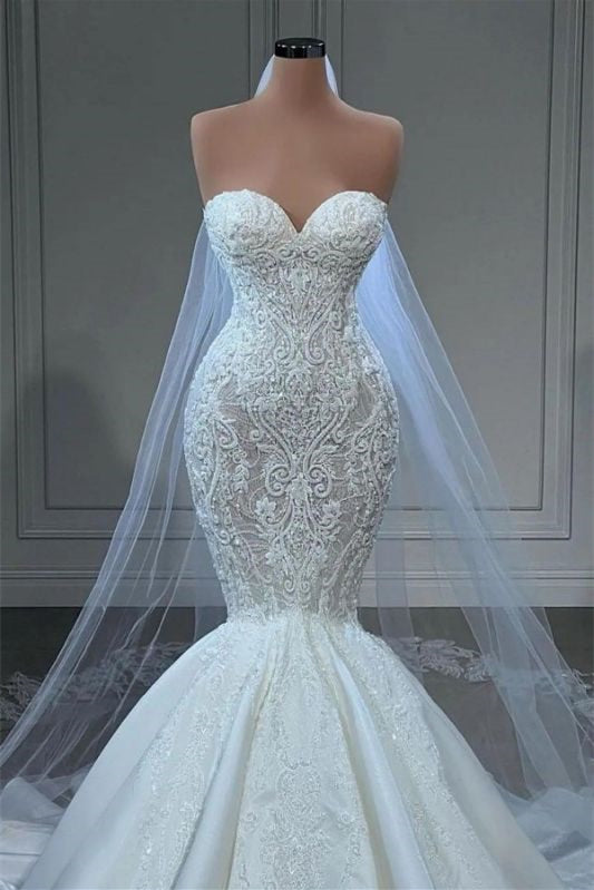 Beautiful Sweetheart Mermaid Wedding Dress with Lace Appliques Bridal Gowns on Sale BM bride