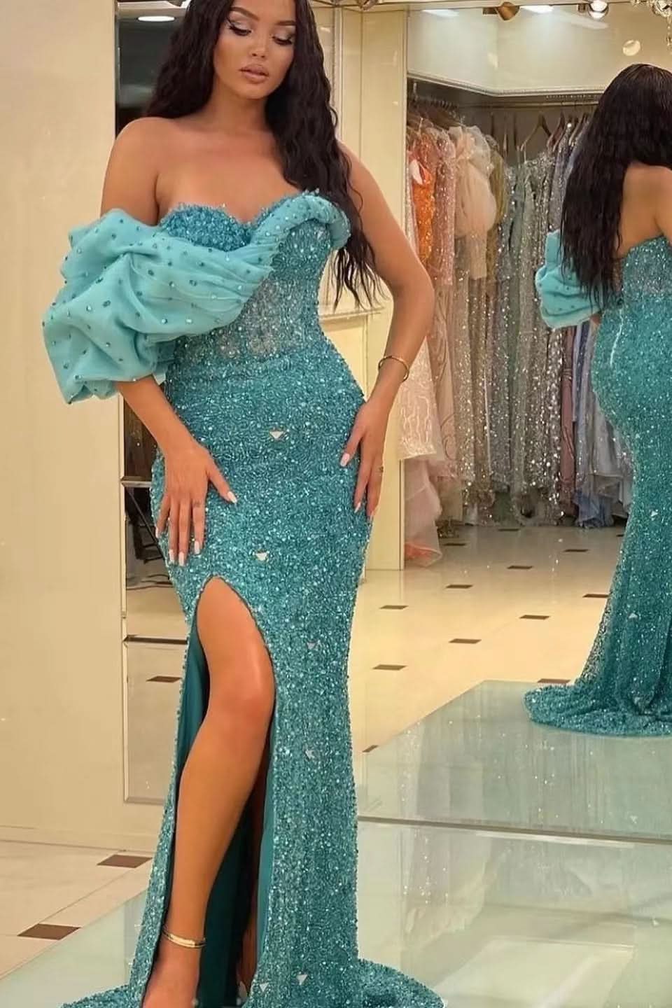 Gorgeous Off-The-Shoulder One Shoulder Sweetheart Mermaid Evening Dress with Sequins BM bride