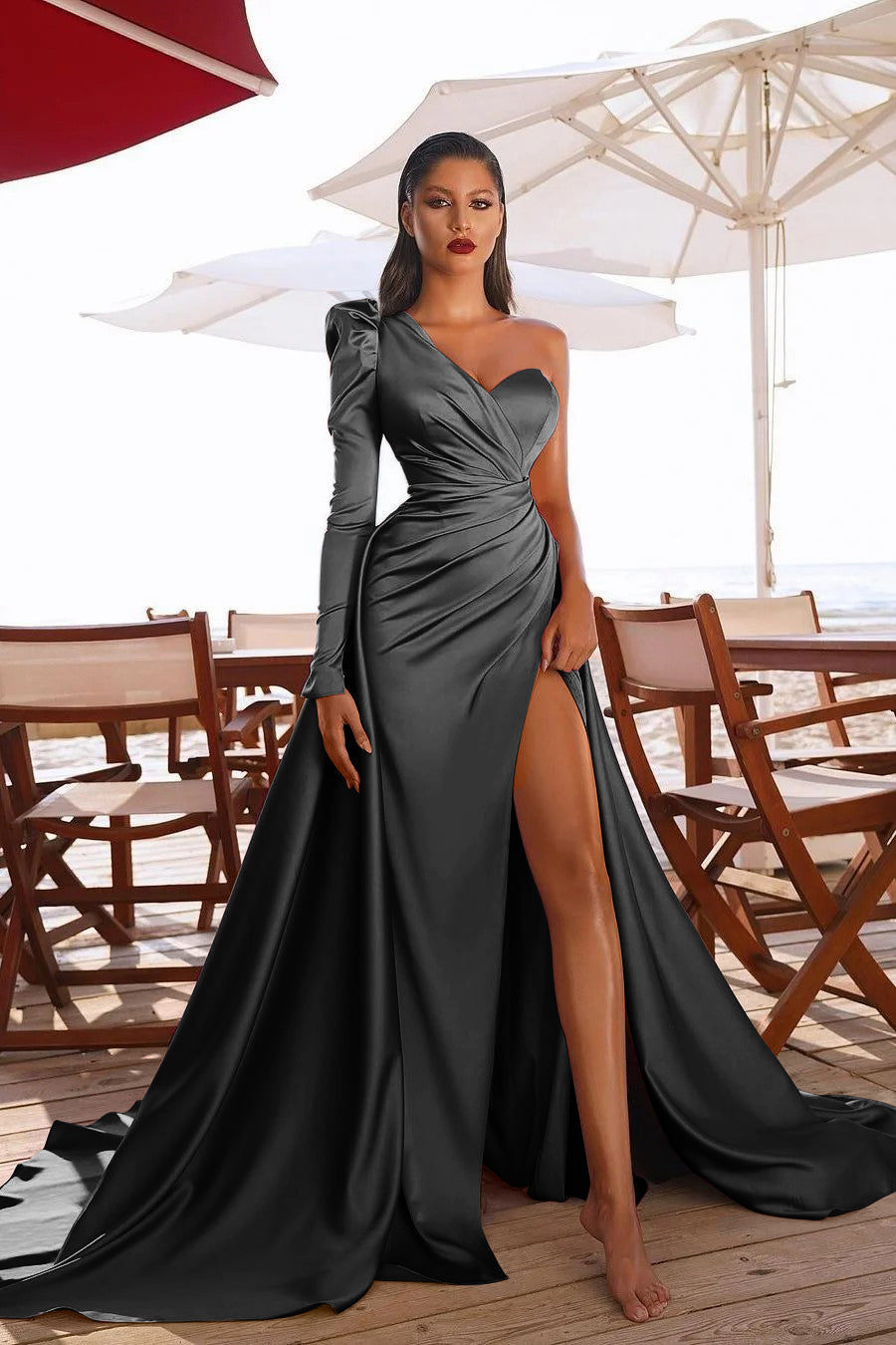 Glamorous One Shoulder Long Sleeve Long Pleated Prom Dress With High Split BMBRIDE