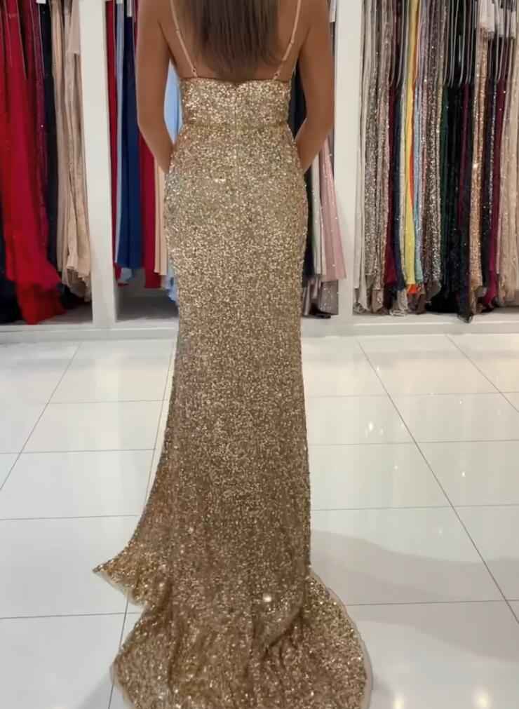 Gold Deep V Neck Sleeveless Mermaid Long Prom Dress Sequins With Side Split