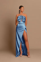 Pink Chic Evening Dress Sleeveless Strapless with Side Slit Pleats BM bride