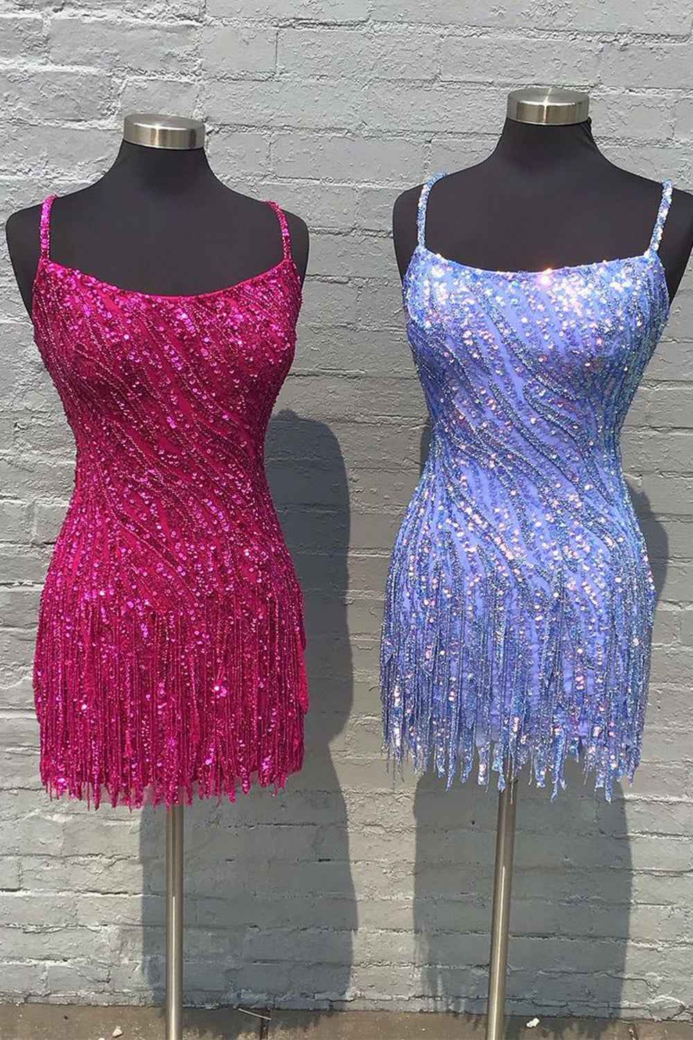 Sparkly Golden Spaghetti Straps Sequins Fringed Tight Short Hoco Dress Bmbride