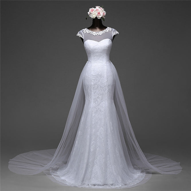 Jewel Neck Long Mermaid Lace Wedding Dress with Tulle Overskirt BM bride