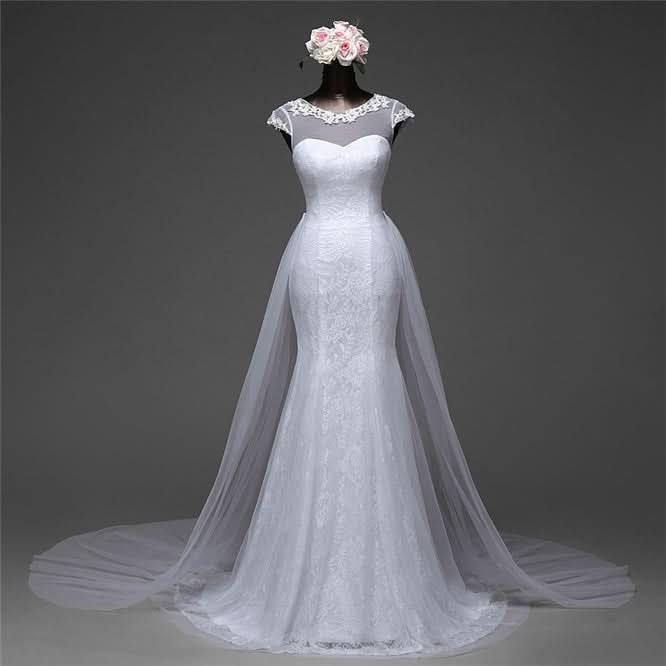 Jewel Neck Long Mermaid Lace Wedding Dress with Tulle Overskirt BM bride