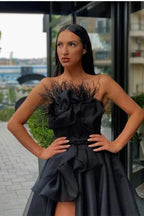 Black Long Prom Dress Split with Feather BM bride