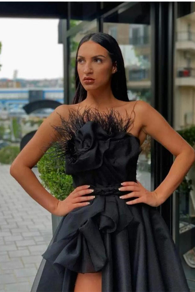 Strapless Sleeveless Long Black A Line Prom Dress High Split With Feather