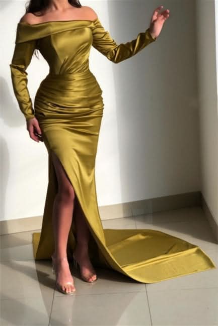 Elegant Sage Green Long Sleeve Prom Dress with Pleated Split BM bride