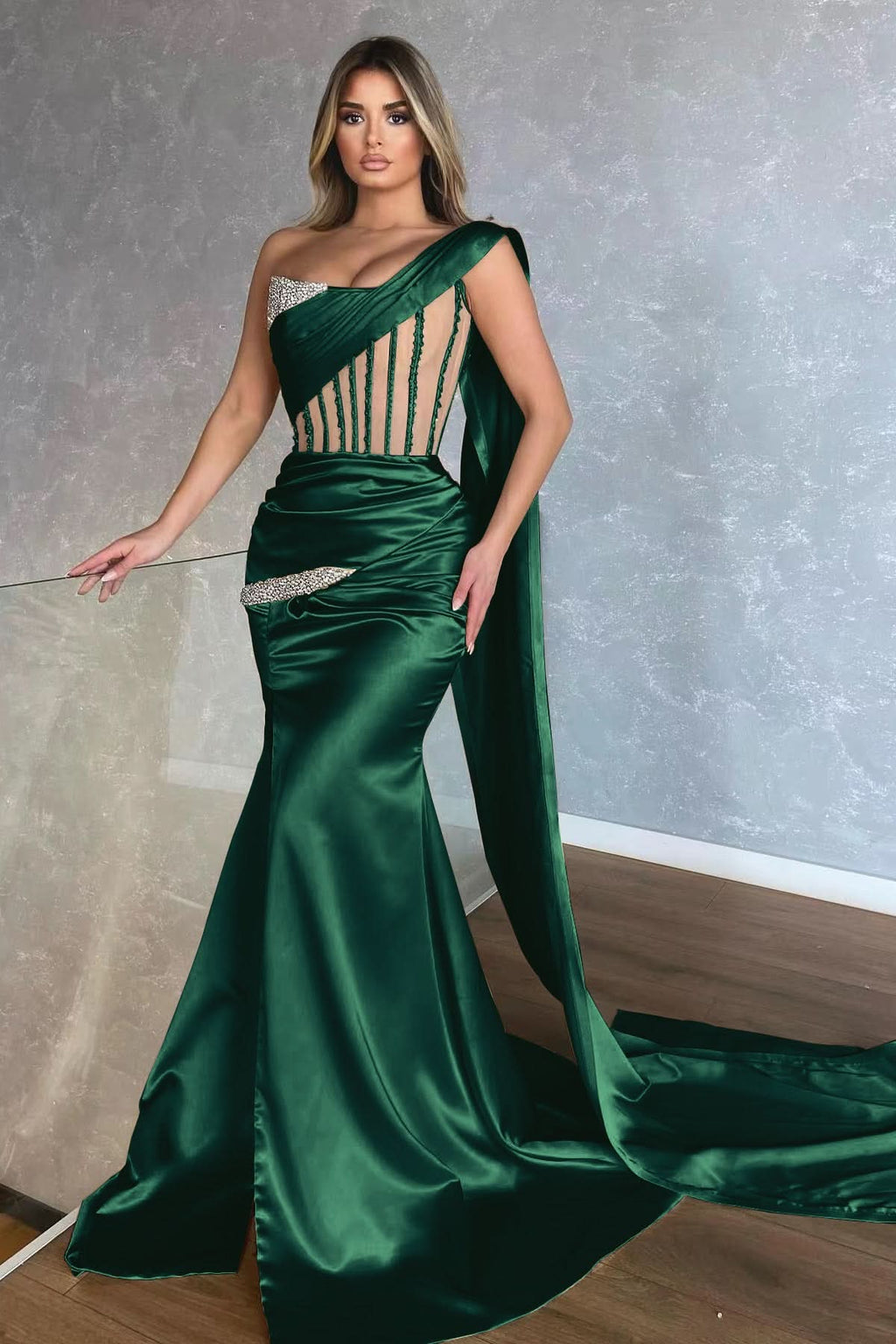 Amazing Champagne One-Shoulder Sleeveless Mermaid Prom Dress with Slit and Ruffles BM bride
