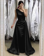 Light Blue One-Shoulder Sleeveless Long Mermaid Prom Dress with Detachable Skirt BM bride