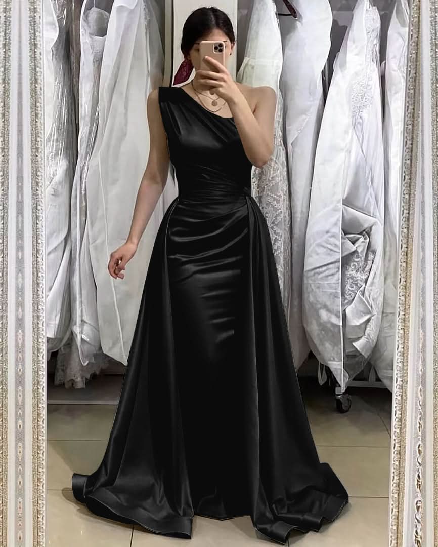 Light Blue One-Shoulder Sleeveless Long Mermaid Prom Dress with Detachable Skirt BM bride