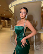 Rhinestone Sleeveless Spaghetti Strap With Split Green Prom Dress