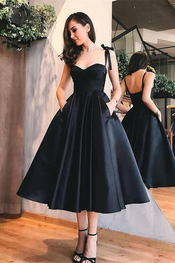 Black Sweetheart Tea Length A-Line Evening Dress with Spaghetti-Straps, Pockets BM bride