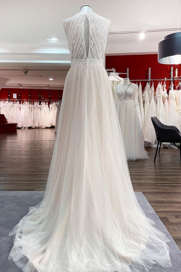 Long A-Line Halter Backless Wedding Dress with Tulle Lace BM bride