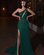 Elegant One-Shoulder Applique Mermaid Prom Dress with Split BM bride