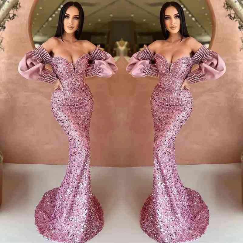 Off-The-Shoulder Mermaid Sweetheart Long Sleeves Evening Dress with Sequins BM bride
