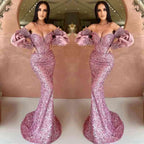 Off-The-Shoulder Mermaid Sweetheart Long Sleeves Evening Dress with Sequins BM bride