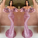 Off-The-Shoulder Mermaid Long Sleeve Evening Dress with Sequins BM bride