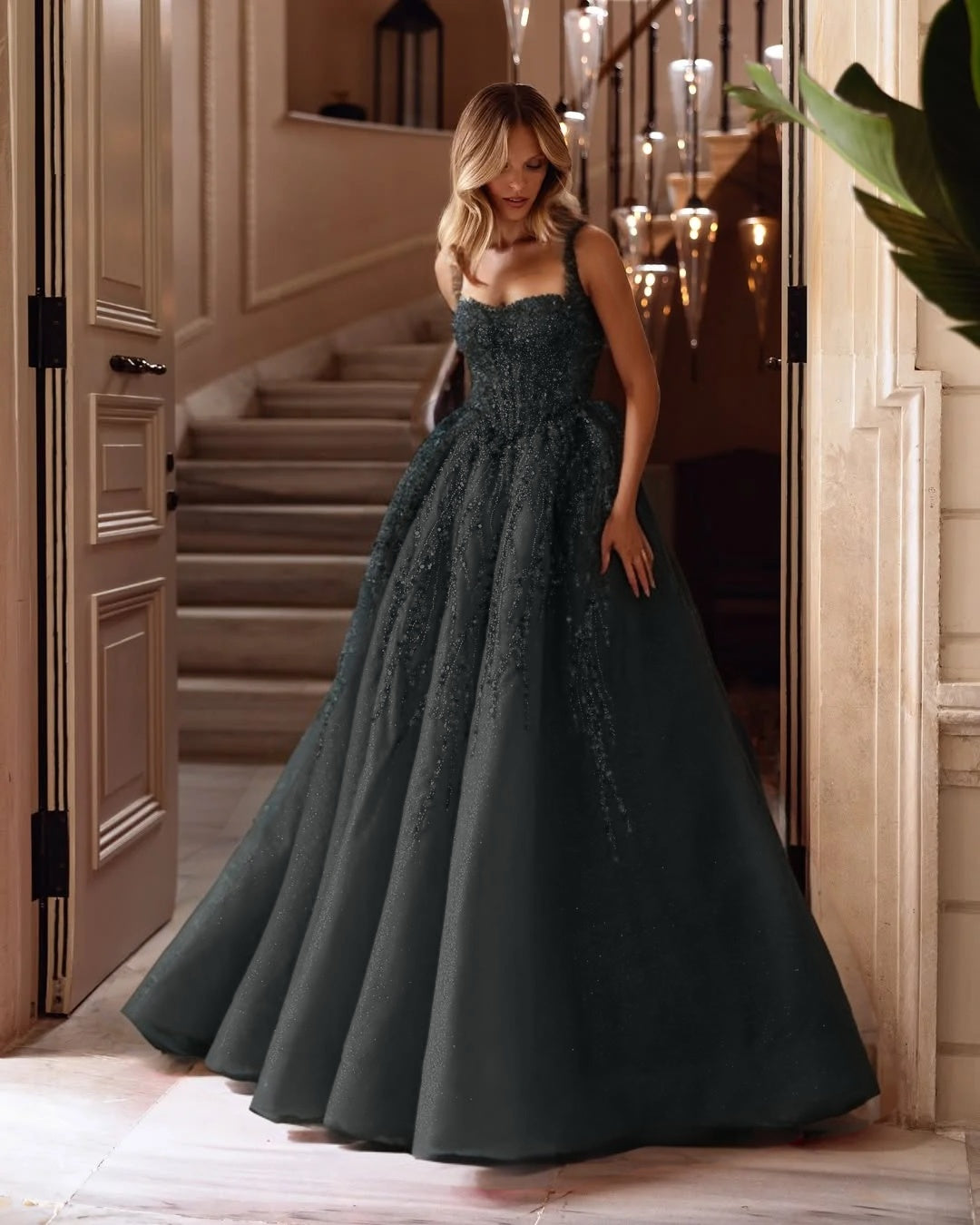 Spaghetti Strap Sleeveless Long A Line Prom Dress With Beading