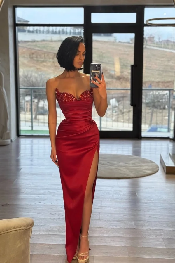 Strapless Sleeveless Long Split Prom Dress With Pleated Sequins