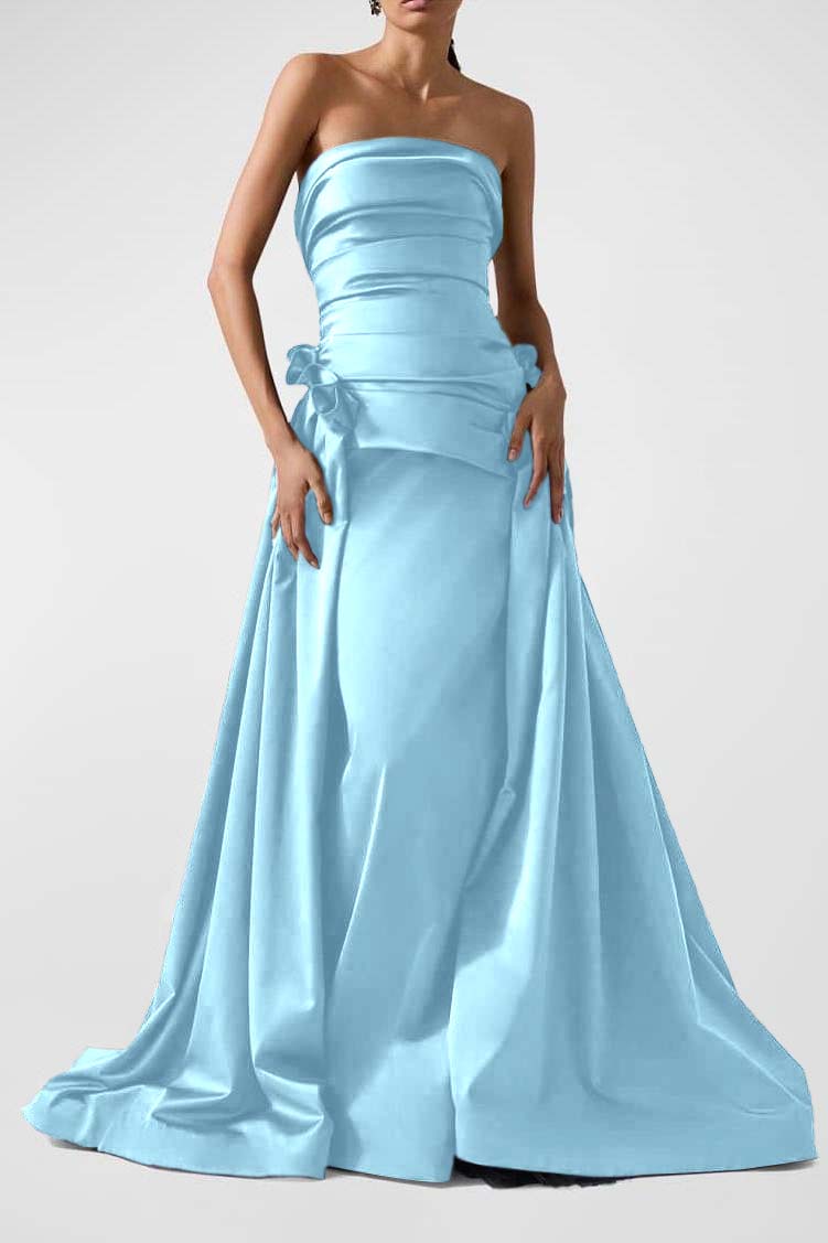 Strapless Backless Sleeveless Long A Line Prom Dress With Pleated BMBRIDE