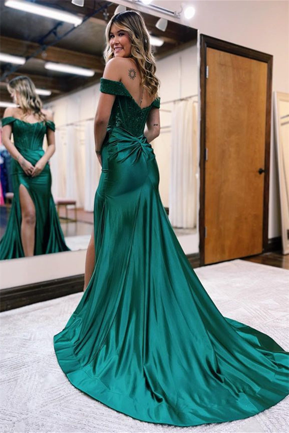Elegant Sequins Off-The-Shoulder Evening Dress with Pleated Slit BM bride