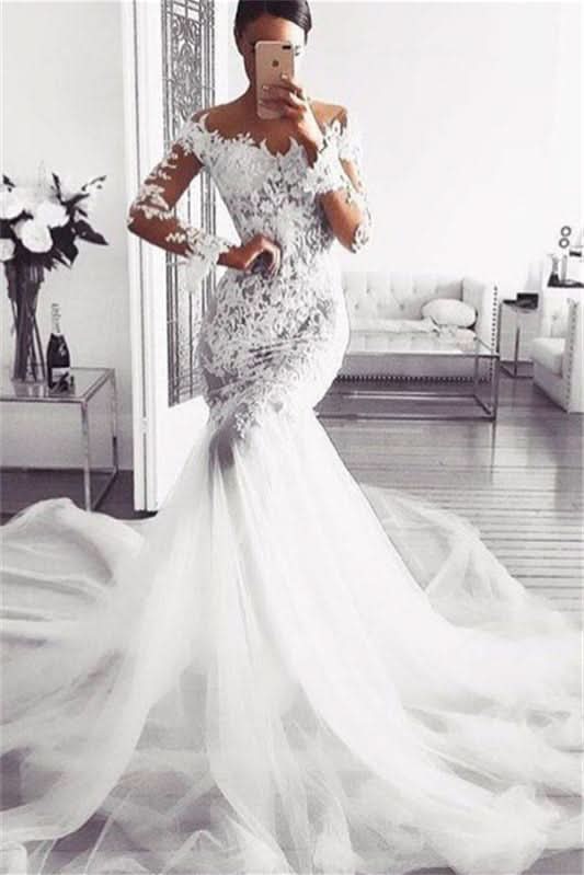Modern Long Sleeve Mermaid Wedding Dress with Lace Appliques (On Sale) BM bride