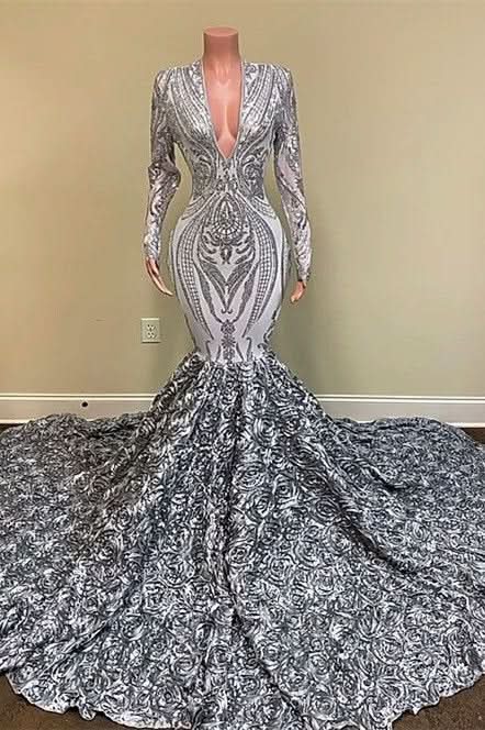 Silver V-Neck Long Sleeves Sequins Lace Mermaid Prom Dress with Flower Bottom BM bride