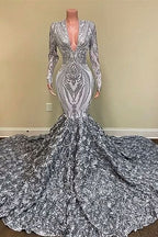 Silver V-Neck Long Sleeves Sequins Lace Mermaid Prom Dress with Flower Bottom BM bride