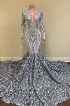 Silver Sequins Lace V Neck Long Sleeves Prom Dress Mermaid With Flowers Bottom