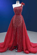 Red One Shoulder Mermaid Prom Dress Split With Ruffles Flower Appliques