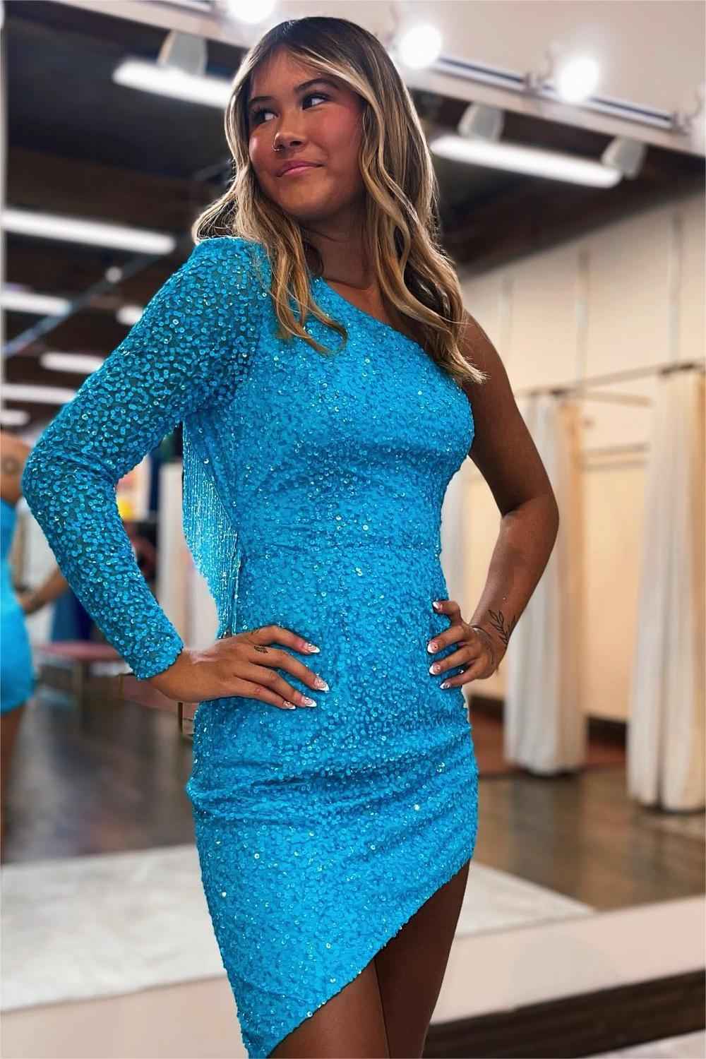 Sparkly Sky Blue One Shoulder One Sleeve Tight Homecoming Dress with Fringes Bmbride