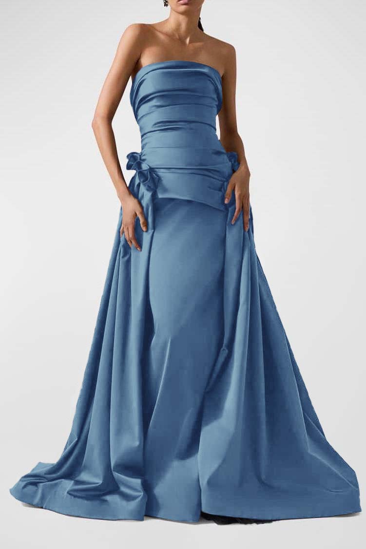 Strapless Backless Sleeveless Long A Line Prom Dress With Pleated BMBRIDE