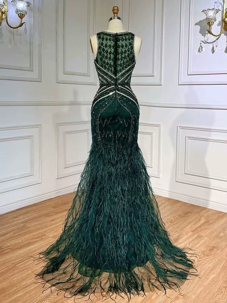 Green Sequin Prom Dress, Beaded V-Neck Long with Feather BM bride