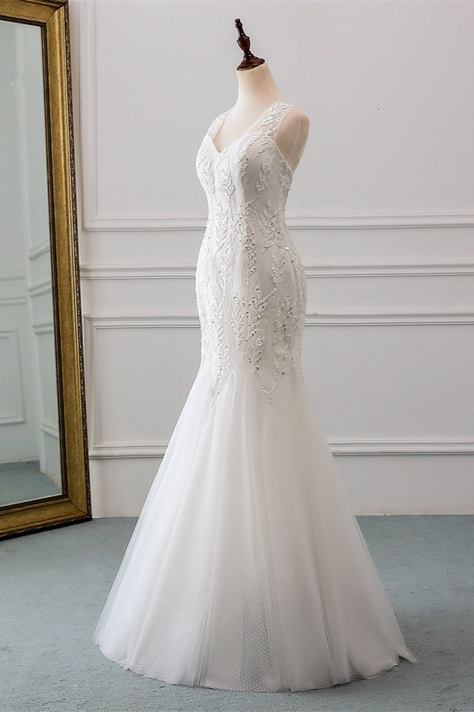 V-Neck Tulle Long Mermaid Wedding Dress with Beading BM bride