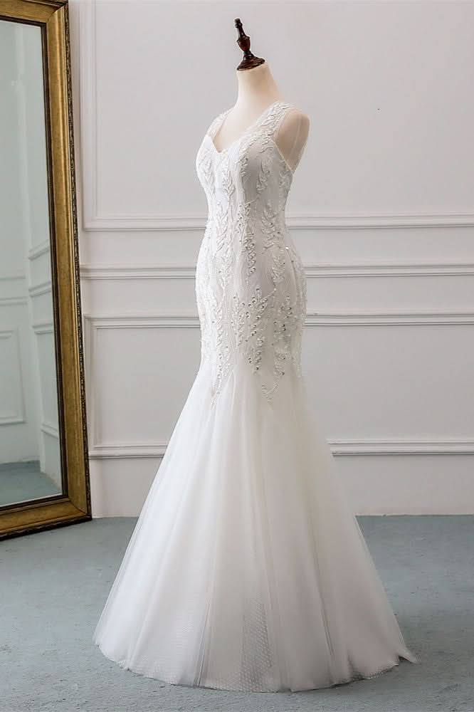 V-Neck Tulle Long Mermaid Wedding Dress with Beading BM bride