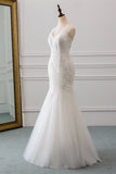 V-Neck Tulle Long Mermaid Wedding Dress with Beading BM bride