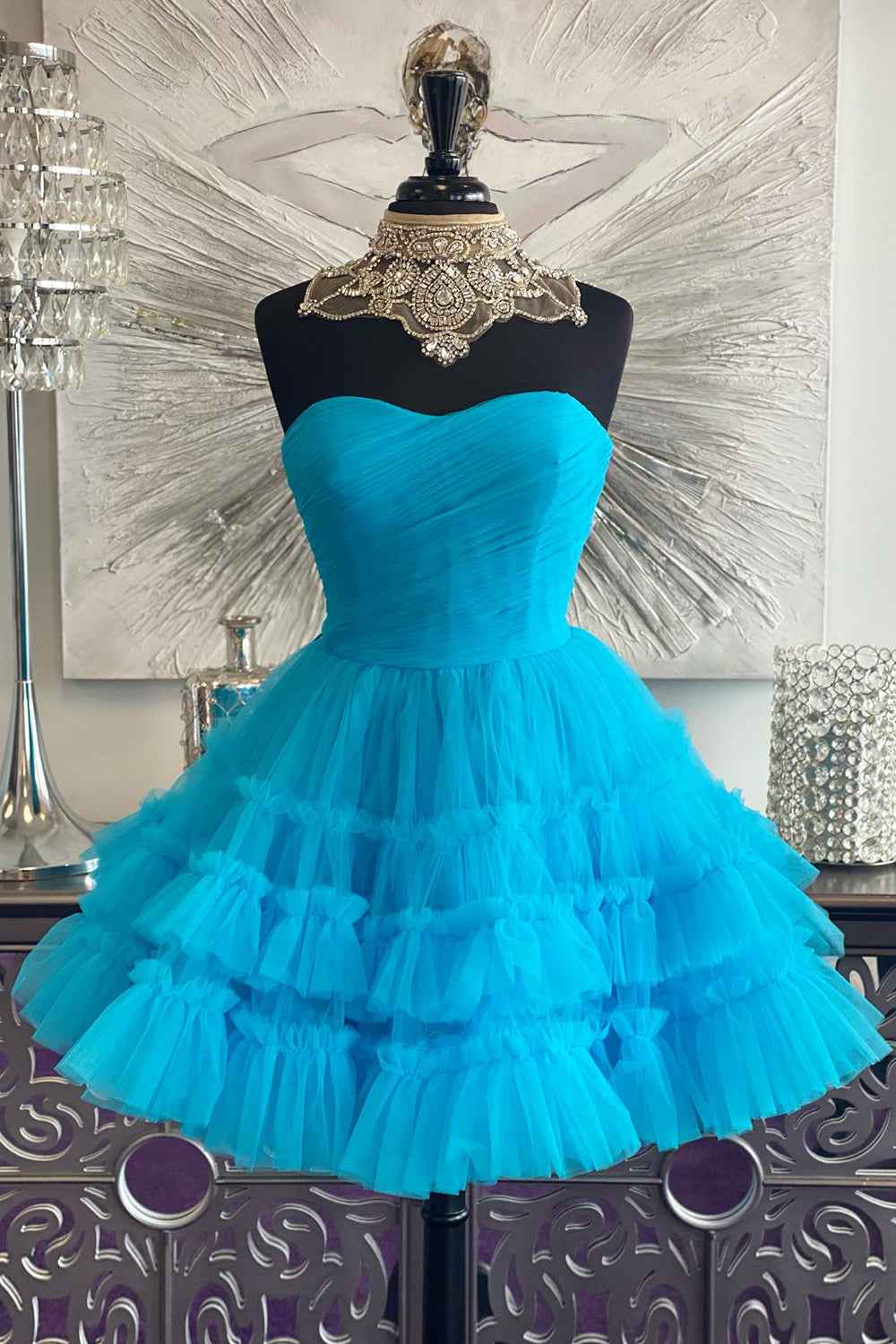 Fuchsia A-Line Sweetheart Tulle Tiered Corset Short Homecoming Dress