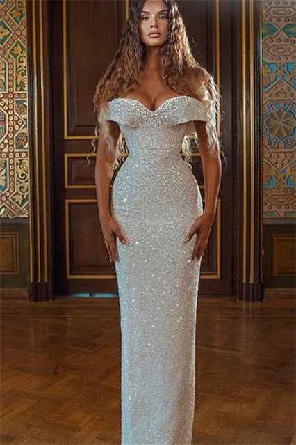 Mermaid Off the Shoulder Sleeveless Strapless White Sequins Long Prom Dress