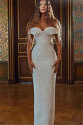 Mermaid Off the Shoulder Sleeveless Strapless White Sequins Long Prom Dress