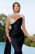 Long Purple Mermaid Prom Dress with Trail Beadings and Long Sleeves BM bride