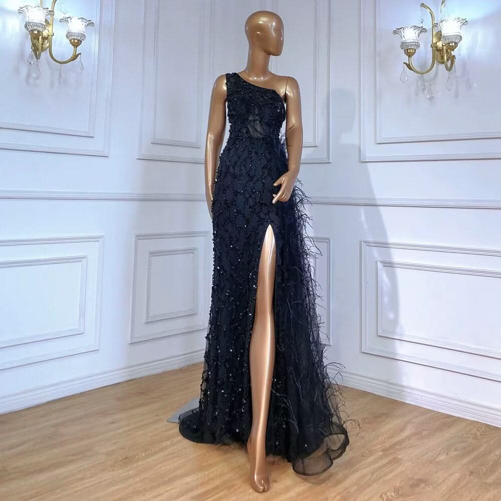 Elegant One-Shoulder Mermaid Evening Dress with Split, Beading, and Feathers BM bride